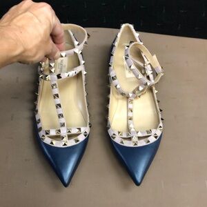 Valentino Garavani women’s rockstud caged navy flats with ankle strap size EU 41